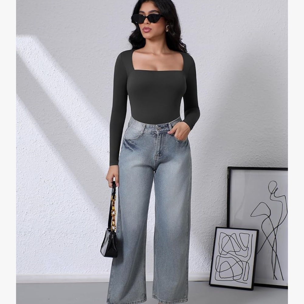 NIB WOMENS SQUARE NECK LONG SLEEVE FITTED BODYSUIT | S